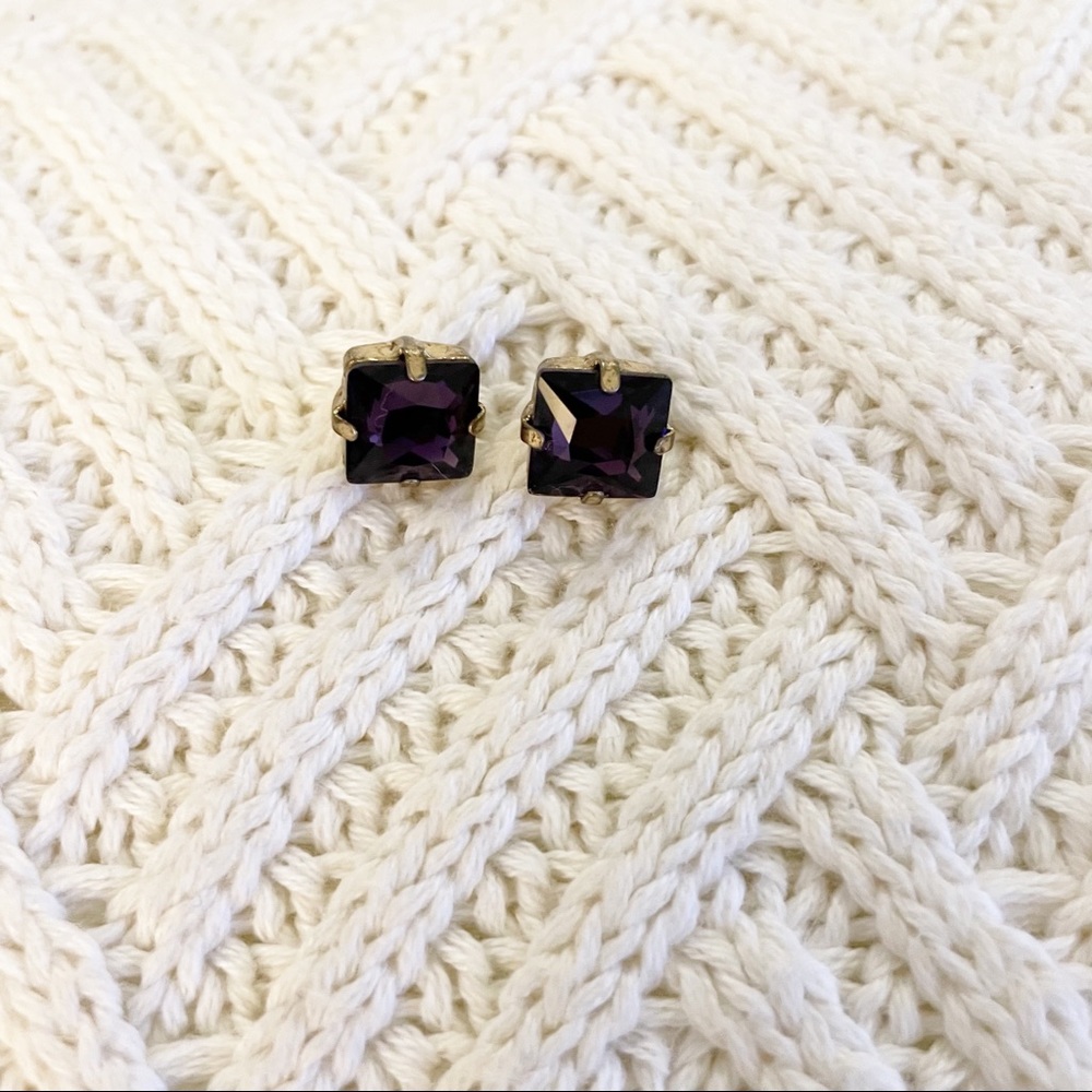 Gold Tone and Purple Square Stone Stud Earrings